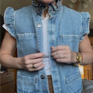 Ruffled Collar Light Wash Denim Vest - Women